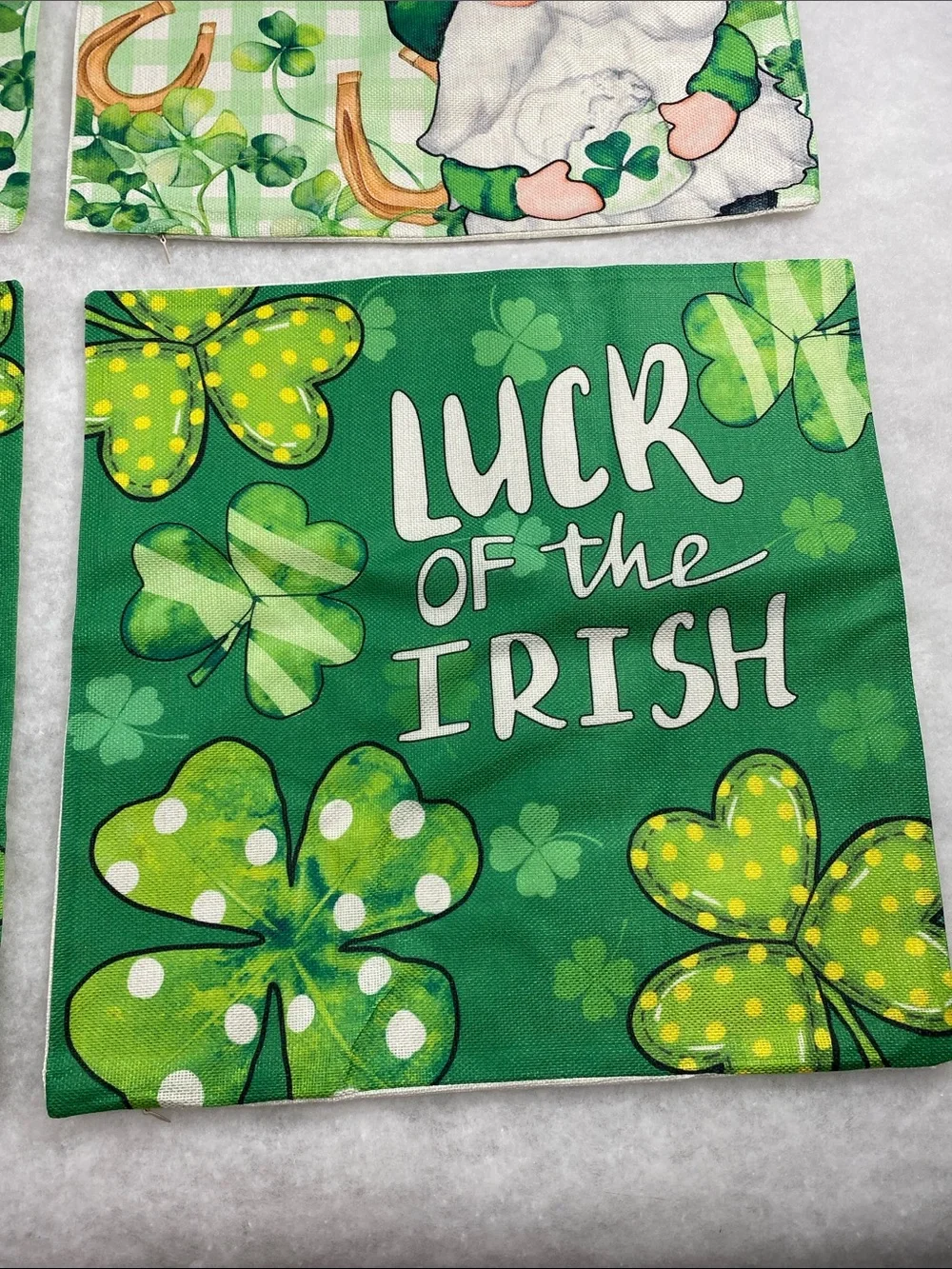 4 green Happy St. Patrick’s day themed pillow covers. Gnomes, clovers and gold